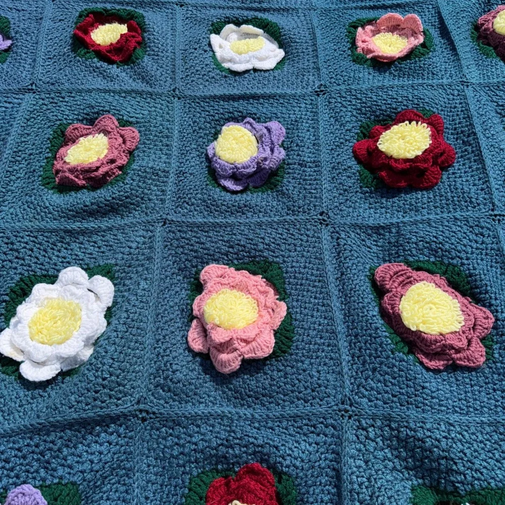 Vintage Handmade Crochet Floral Afghan Blanket Granny Square Fringe Cottagecore